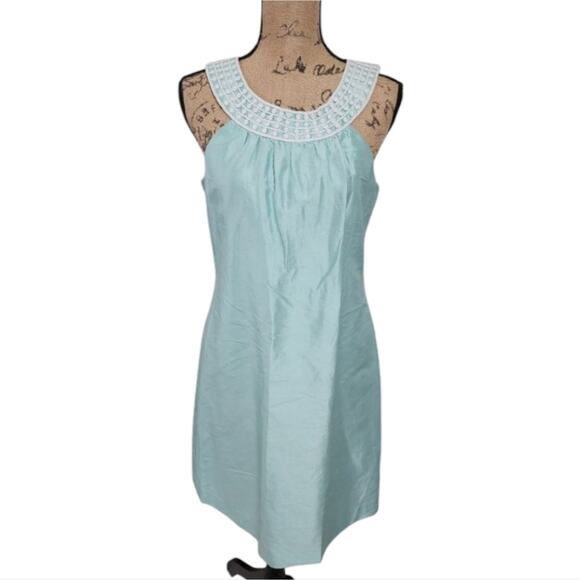 Vineyard Vines Aqua Blue Sleeveless‎ Dress White Beaded Neckline Party Cocktail - Picture 1 of 9